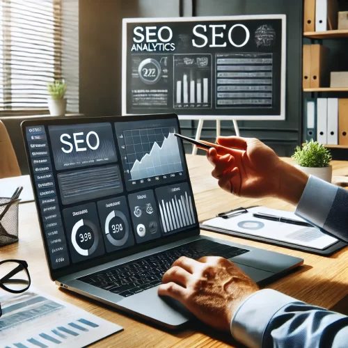 DALLE_2025-03-22_09.56.32_-_A_professional_workspace_with_a_laptop_displaying_an_SEO_analytics_dashboard._A_consultant_is_pointing_at_graphs_and_charts_on_the_screen_discussing_ Imagen Posicionamiento SEO Precio